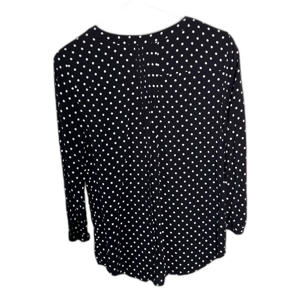 Talbots Polka Dot V-Neck Blouse Medium Black White Crochet Lace Trim 3/4 Sleeve - Picture 3 of 6